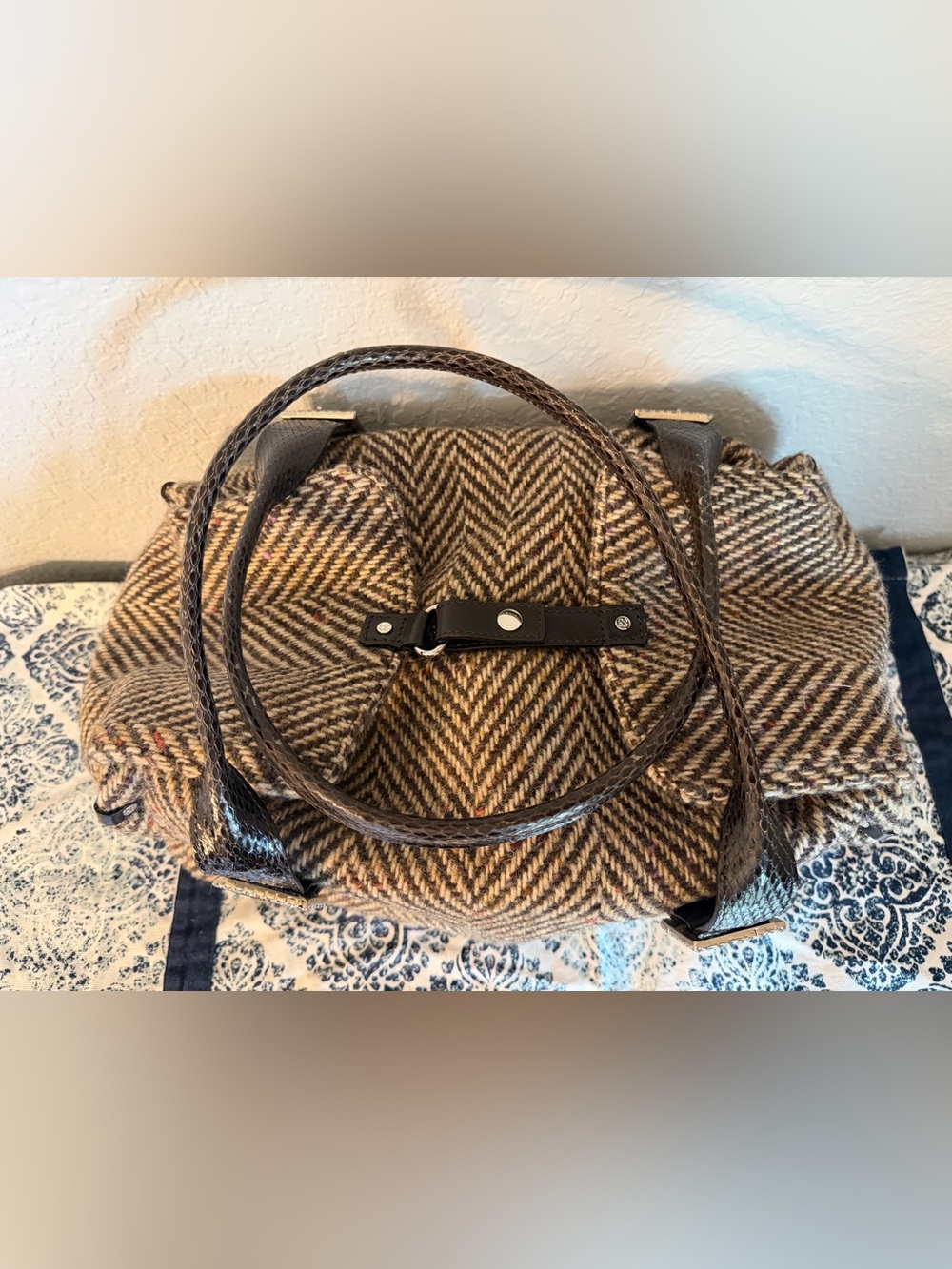 Rare Vintage Kate Spade Nottingham Tweed Herringbone Satchel Wool Leather Bag - Picture 5 of 7
